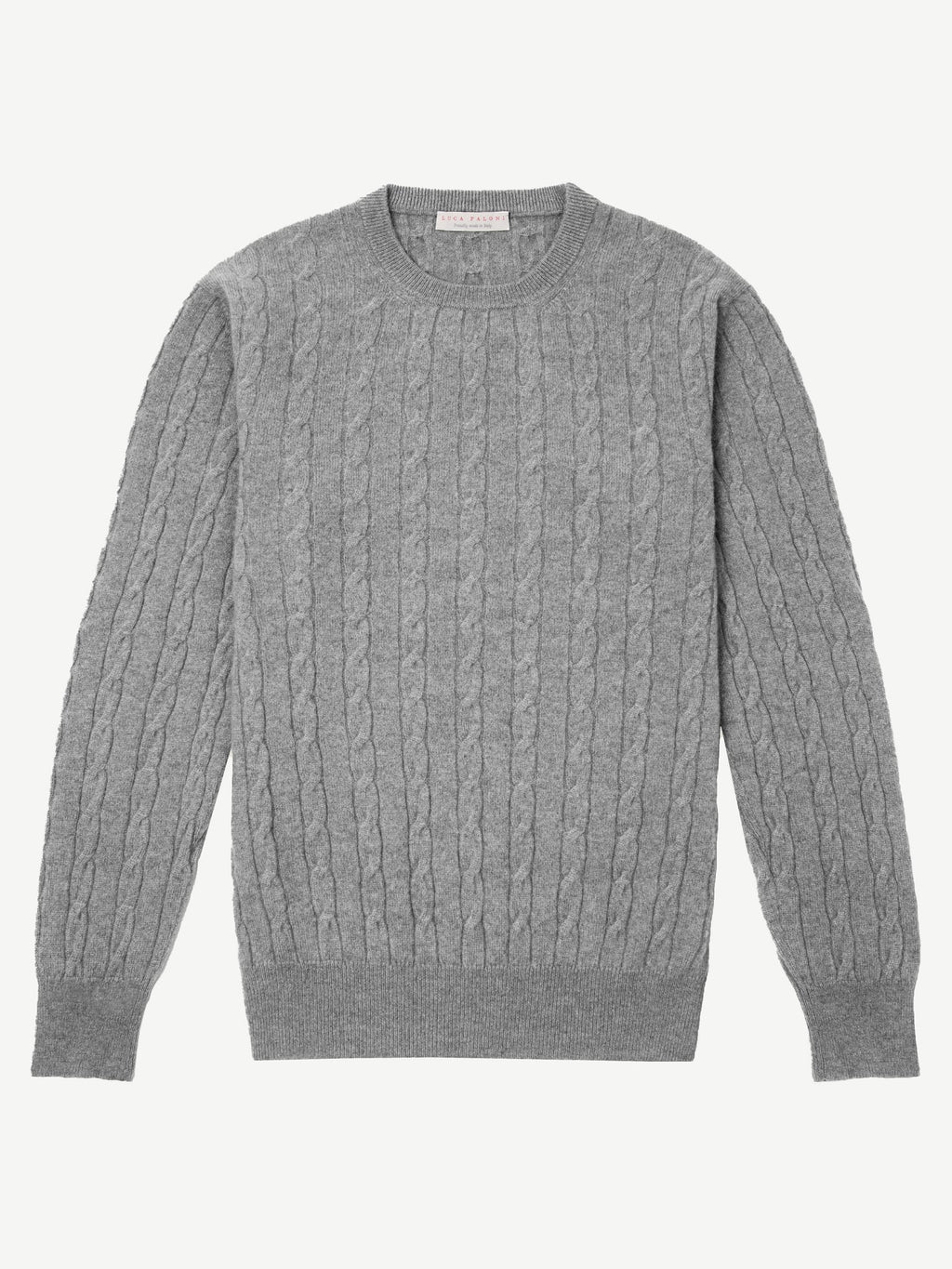 Front view of the Luca Faloni Cable Knit sweater in grey cashmere, showing the intricate knit texture and crew neck.