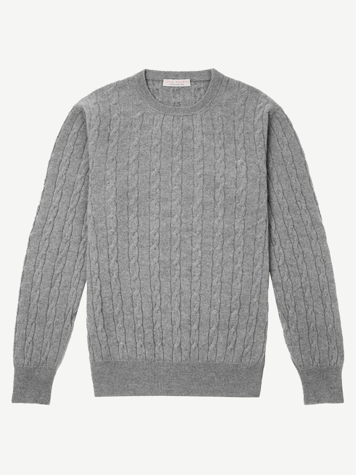 Front view of the Luca Faloni Cable Knit sweater in grey cashmere, showing the intricate knit texture and crew neck.
