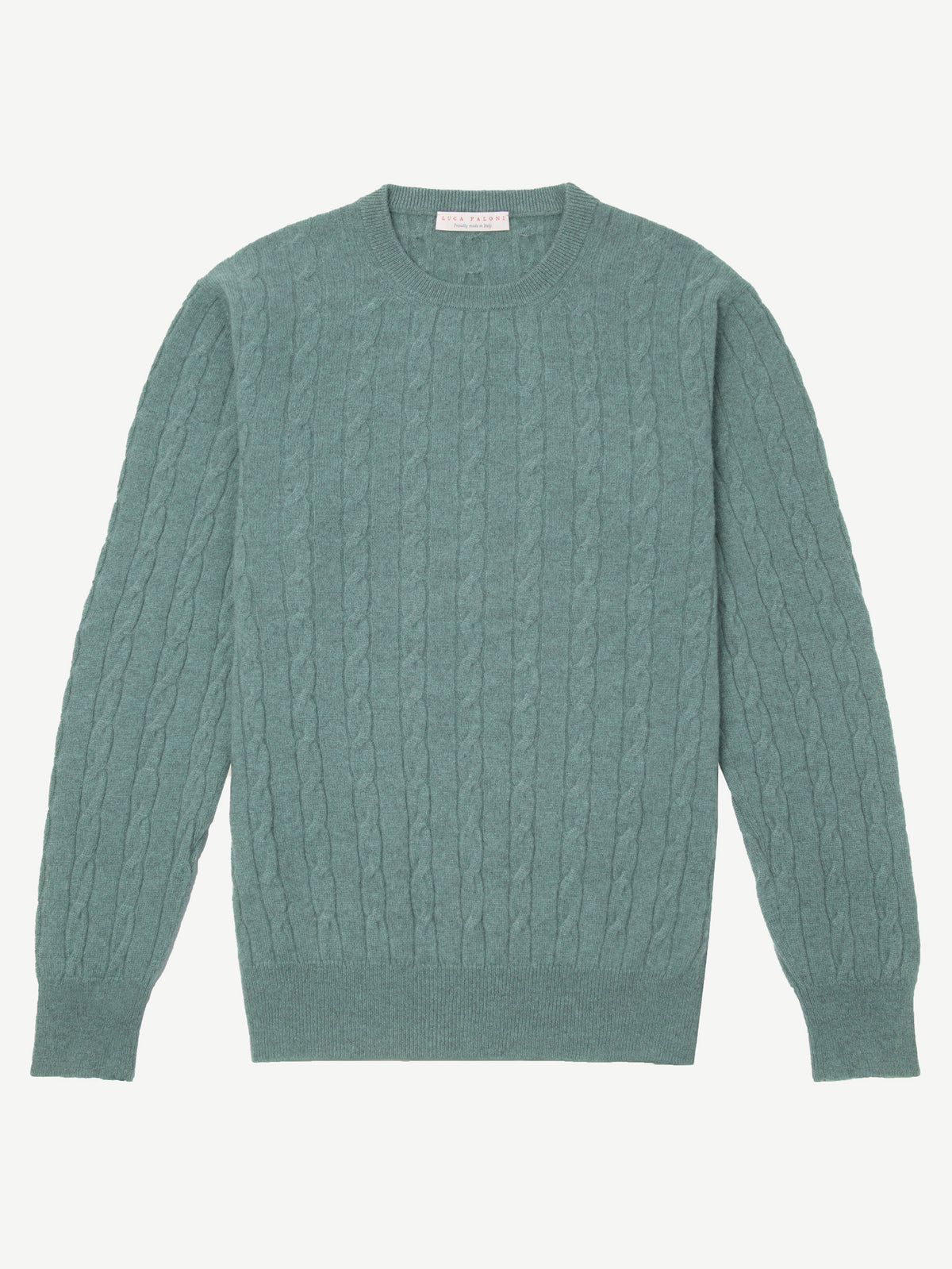 Front view of the Luca Faloni Cable Knit sweater in sage green, highlighting its intricate texture and classic crew neck.
