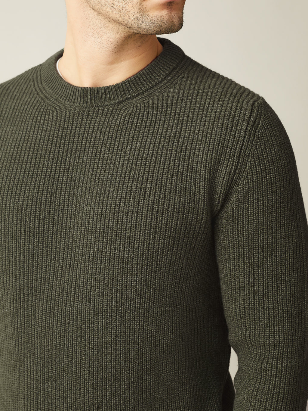 A close-up of the Luca Faloni Chunky Knit Crew Neck in Hunting Green, showing the detailed ribbed texture.