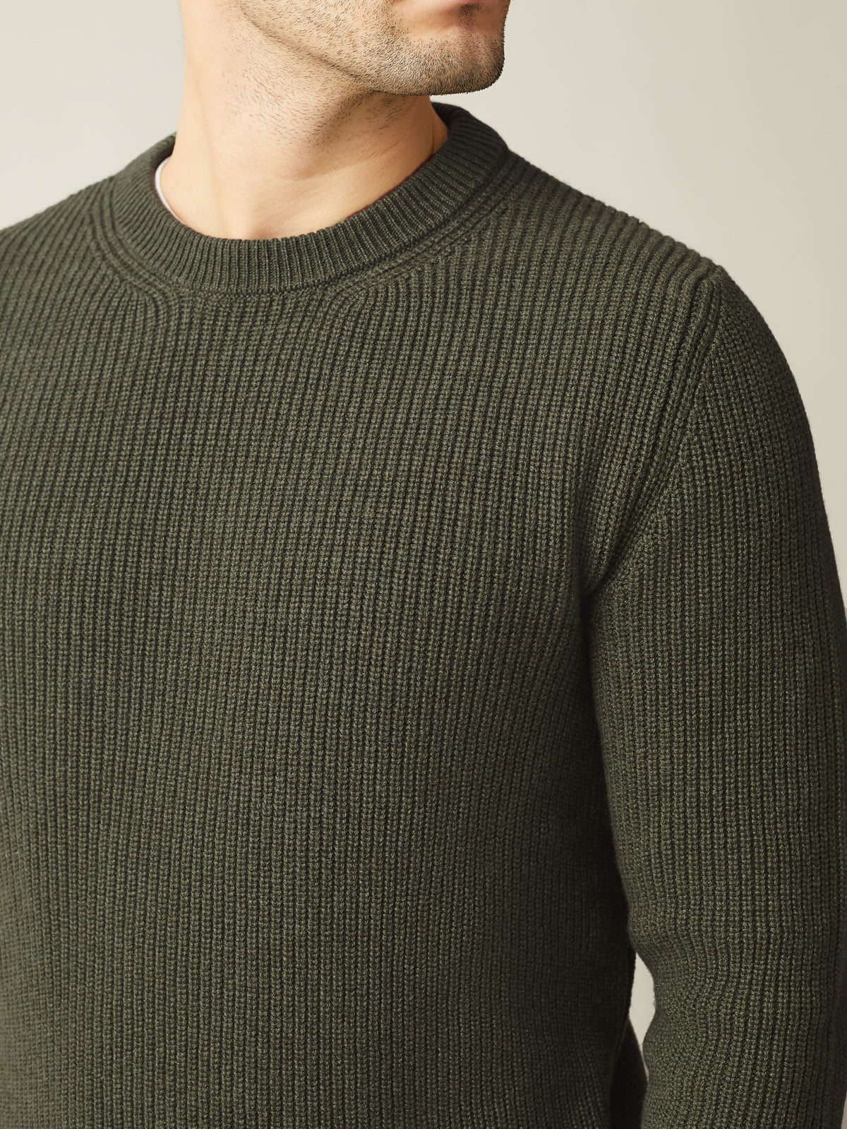 A close-up of the Luca Faloni Chunky Knit Crew Neck in Hunting Green, showing the detailed ribbed texture.