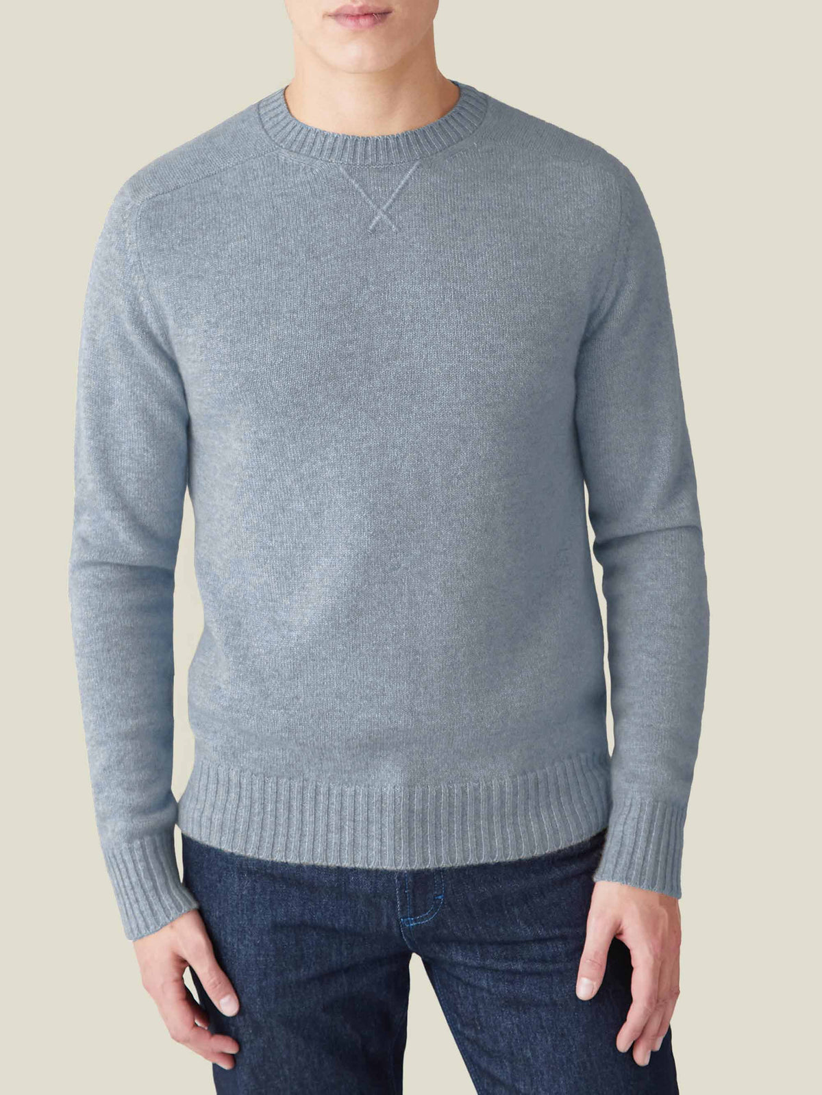 Front view of a model wearing the Luca Faloni Cashmere Country Crew Neck in French Blue.