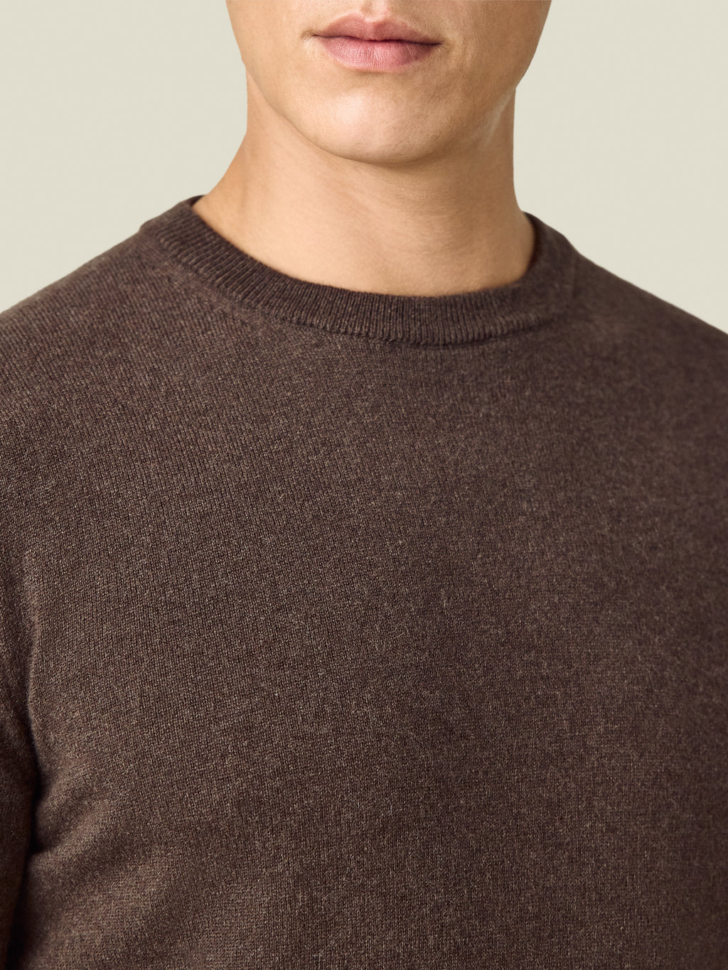 Detail shot of the Luca Faloni Cashmere Crew Neck in chocolate brown, showing the ribbed neckline and knit texture.