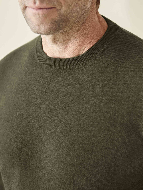 Close-up of the Luca Faloni Cashmere Crew Neck in Hunting Green, showing its ribbed neckline and soft texture.