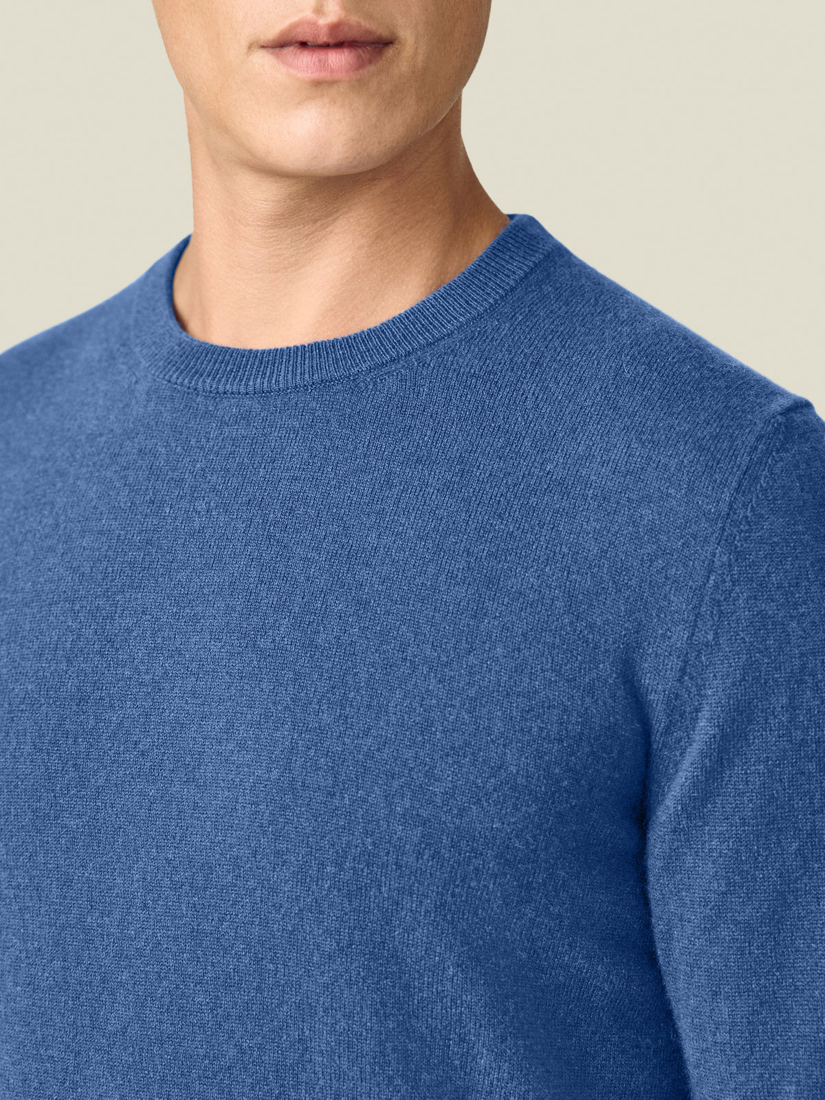 Close-up of the Luca Faloni Cobalt Cashmere Crew Neck on a model, showing the neckline.