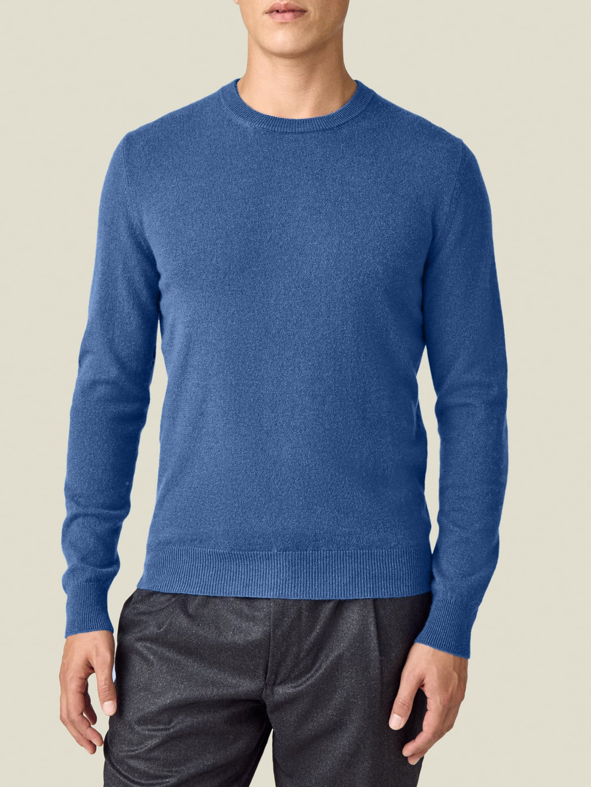 Front view of a model wearing the Luca Faloni Cashmere Crew Neck in cobalt blue.