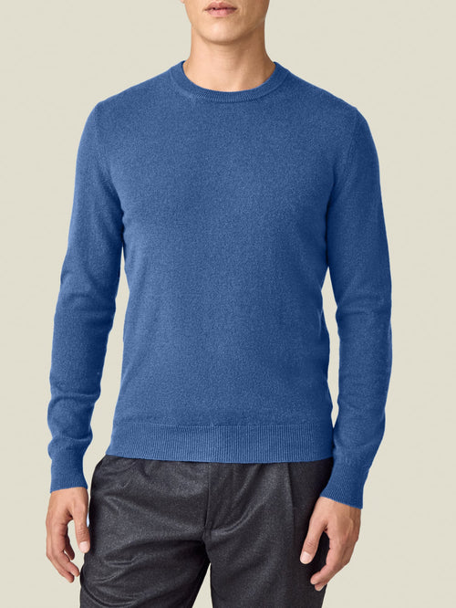 Front view of a model wearing the Luca Faloni Cashmere Crew Neck in cobalt blue.