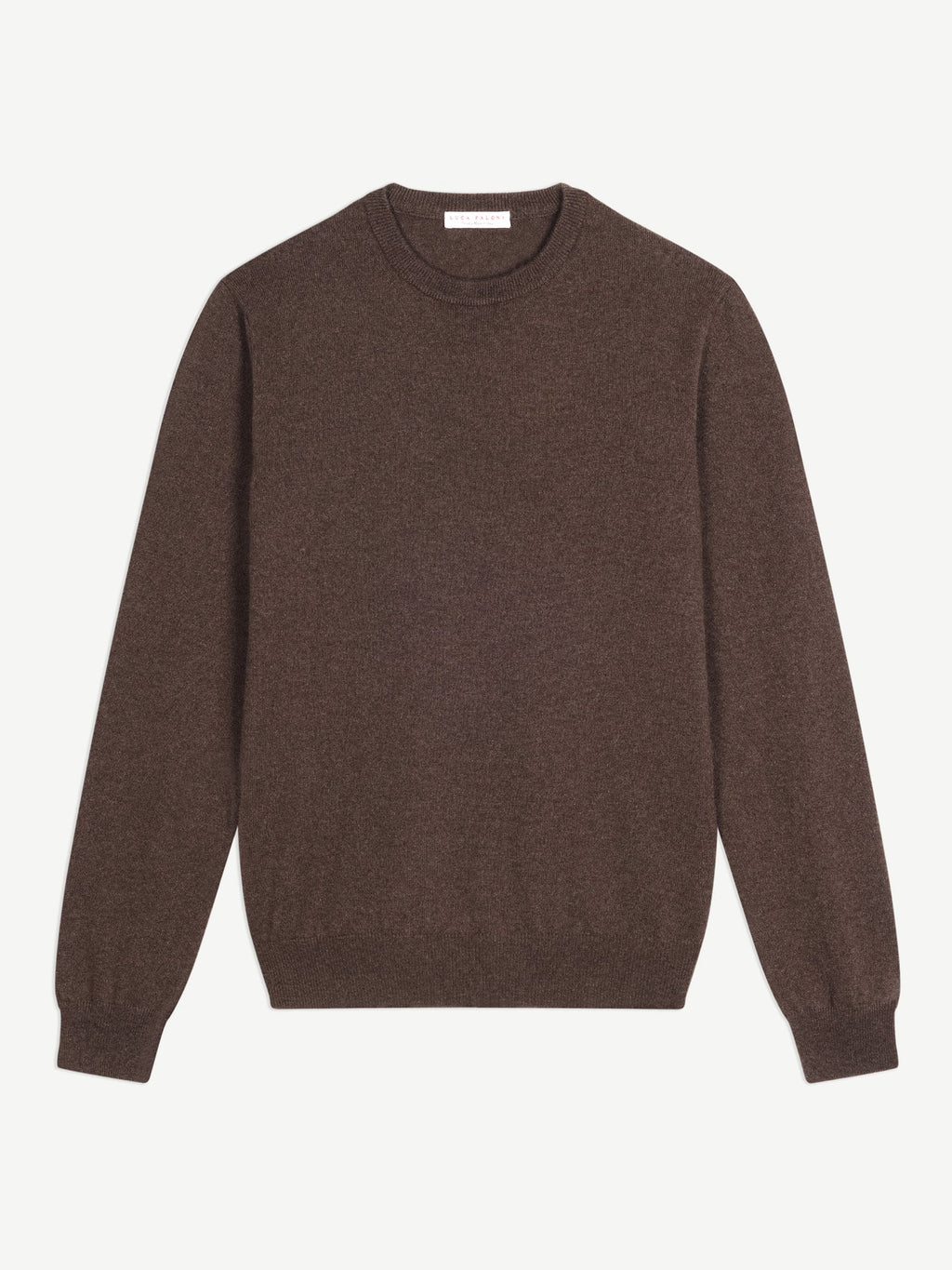 Front view of the Luca Faloni Cashmere Crew Neck in dark brown, laid flat against a white background.