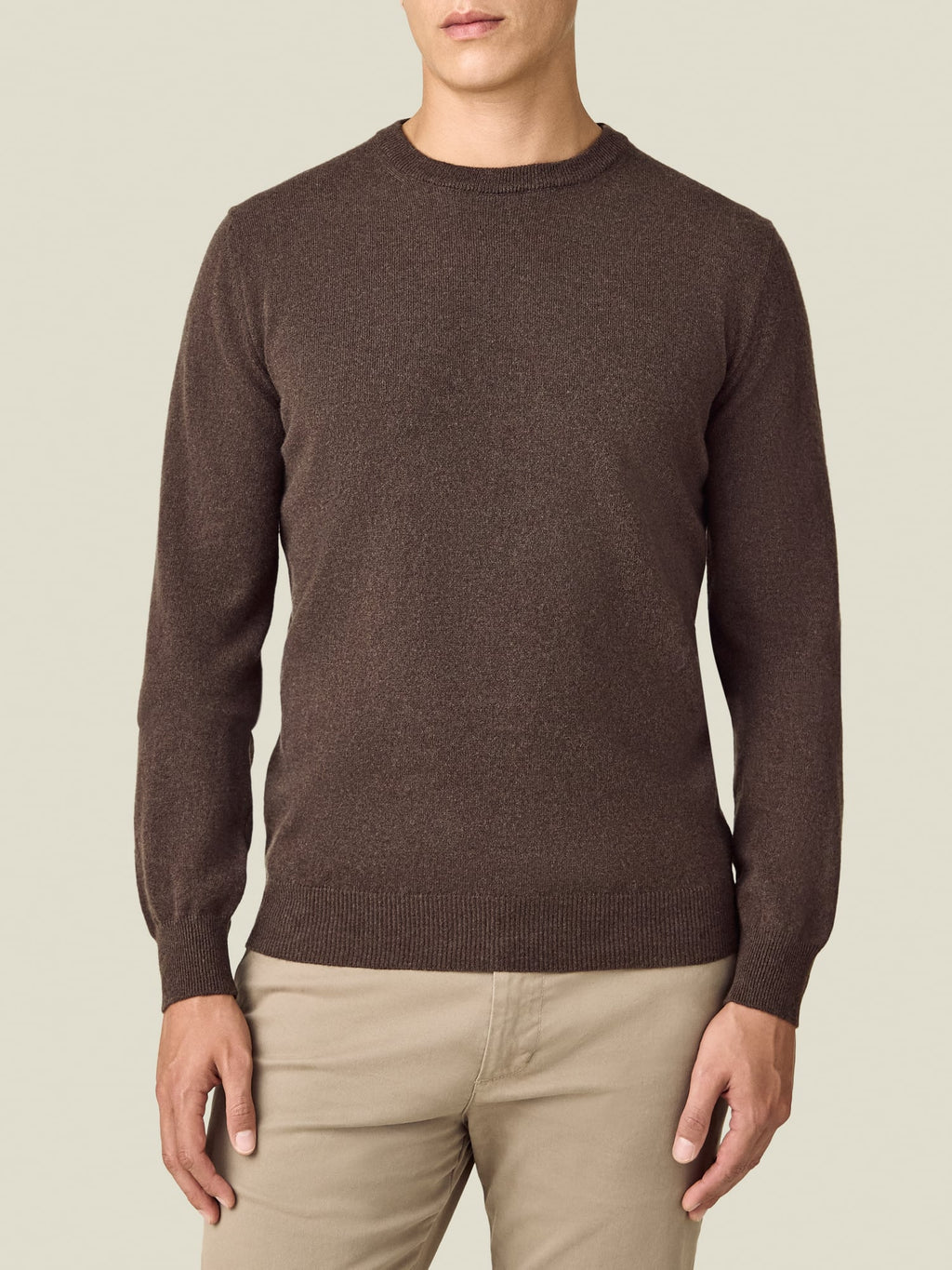 Front view of a model wearing the Luca Faloni Cashmere Crew Neck in chocolate brown.