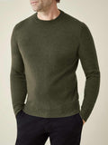 Model wears the Luca Faloni two-ply Cashmere Crew Neck in Hunting Green.