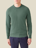 Front view of a model wearing the Luca Faloni marine green cashmere crew neck sweater.