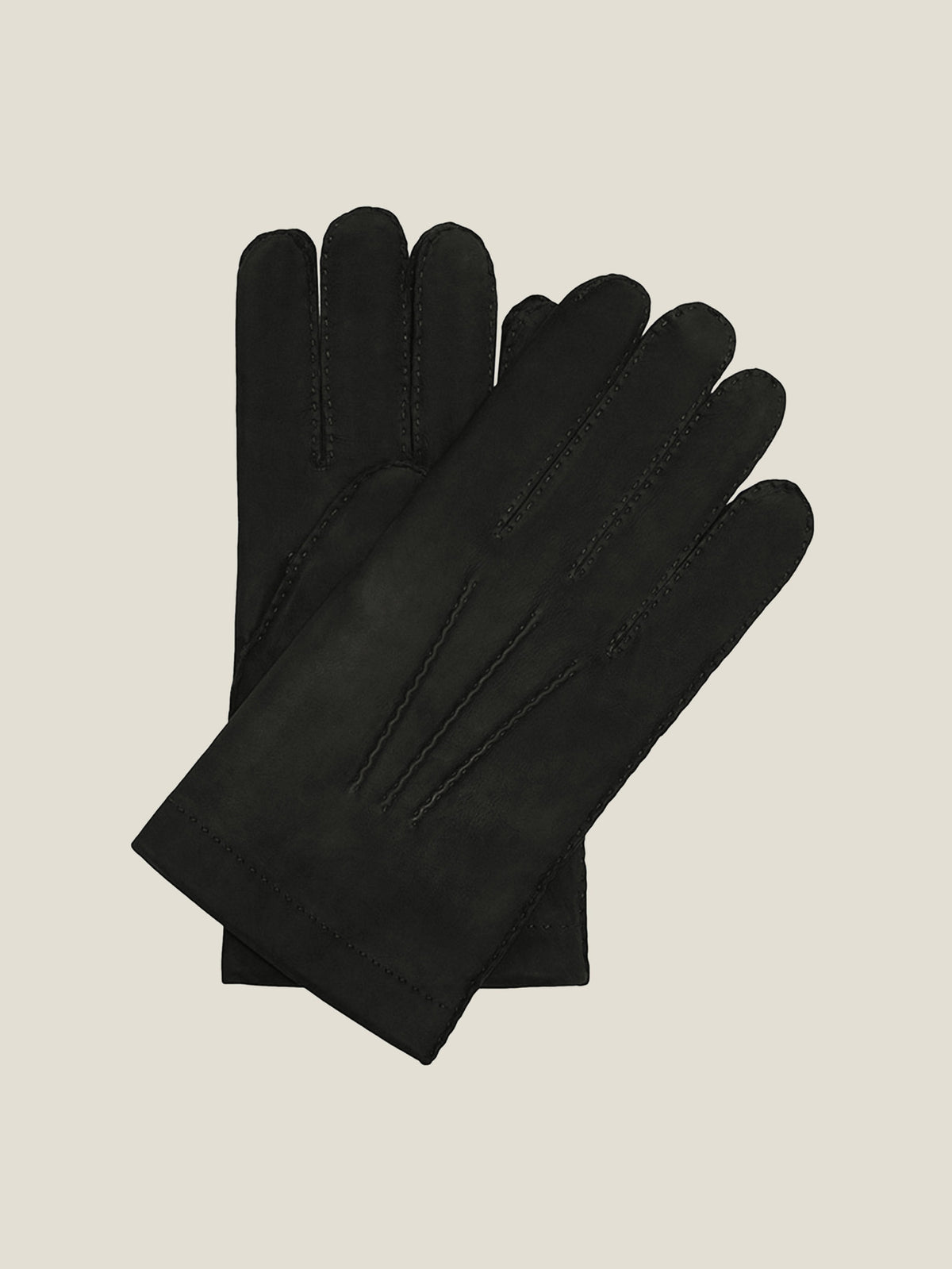 A pair of Luca Faloni's black cashmere-lined nubuck leather gloves, arranged flat to highlight the detailed topstitching.