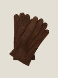 A pair of brown cashmere-lined nubuck leather gloves with visible stitching details against a neutral background.