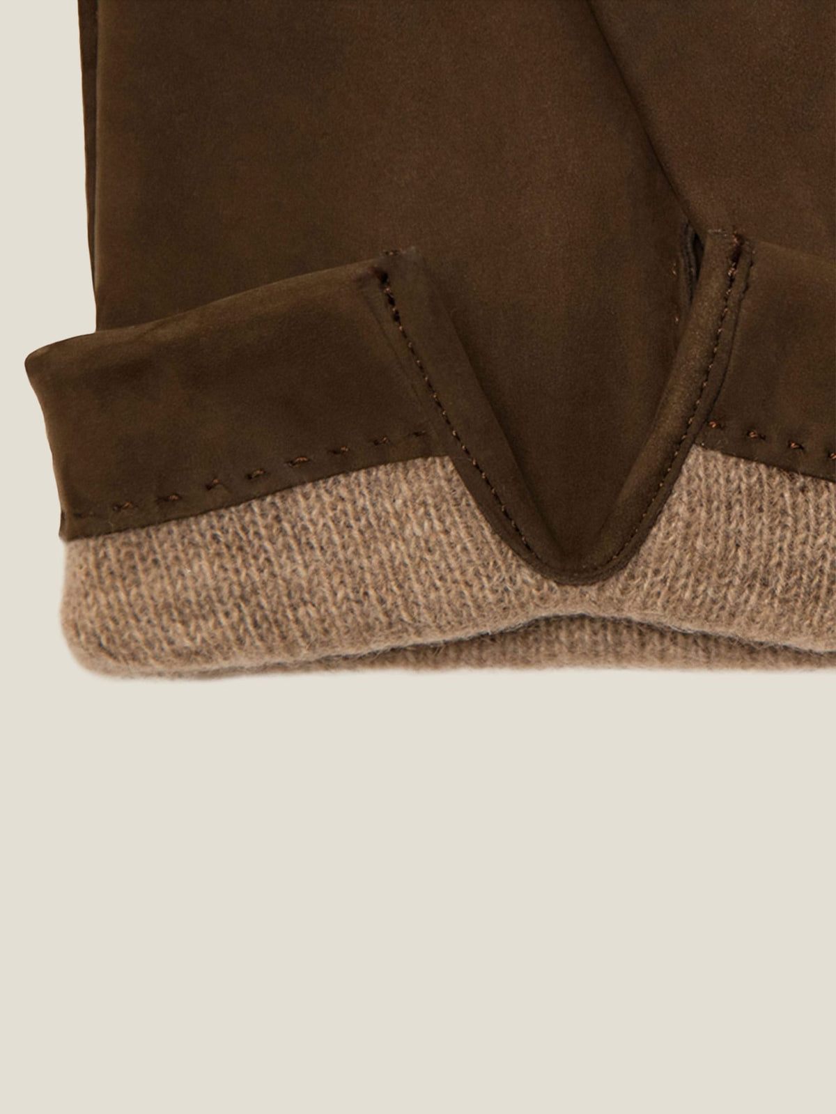Close-up of the cuff on the Nocciola Brown Cashmere-Leather Gloves, showing the nubuck leather and soft cashmere lining.