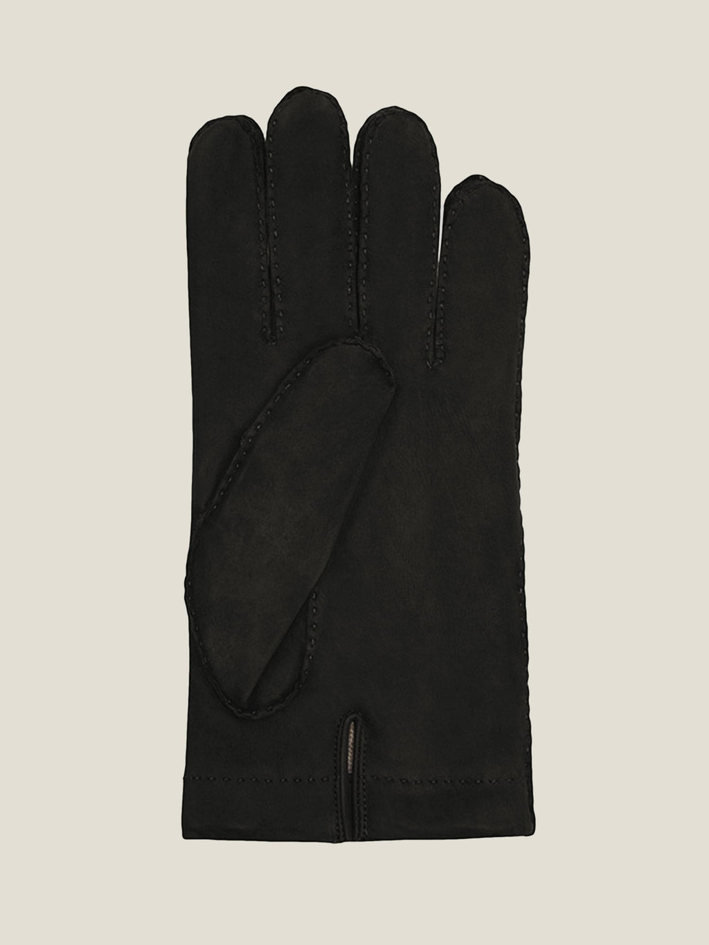 Palm view of a single Luca Faloni black cashmere-lined nubuck leather glove laid flat against a neutral background.