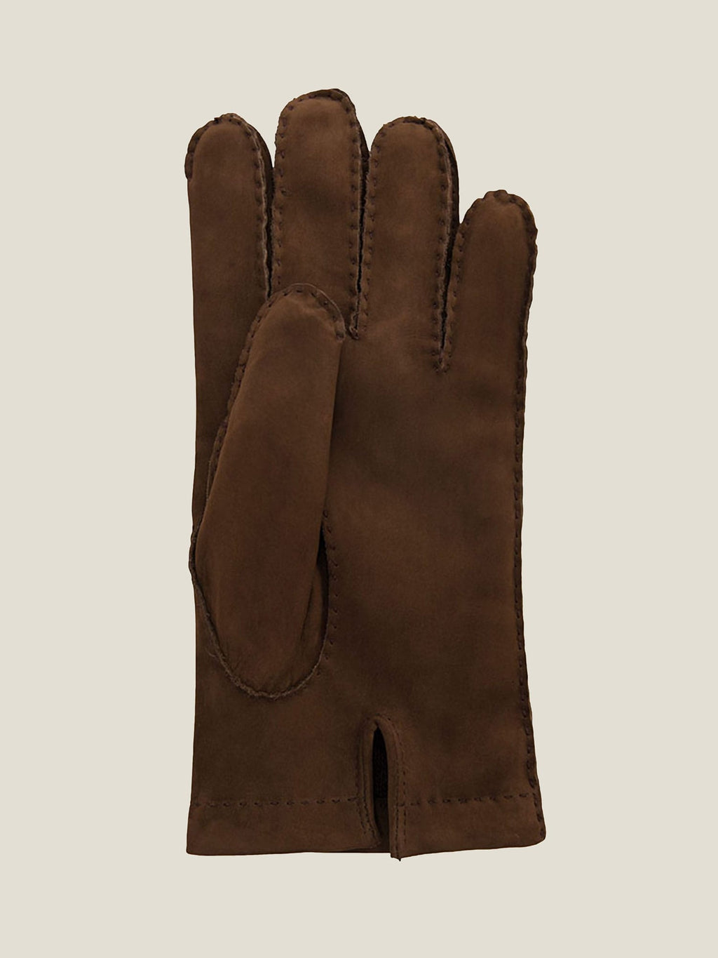 Back view of Luca Faloni's Nocciola Brown Cashmere-Lined Nubuck Leather Gloves, showcasing the soft texture and stitching.