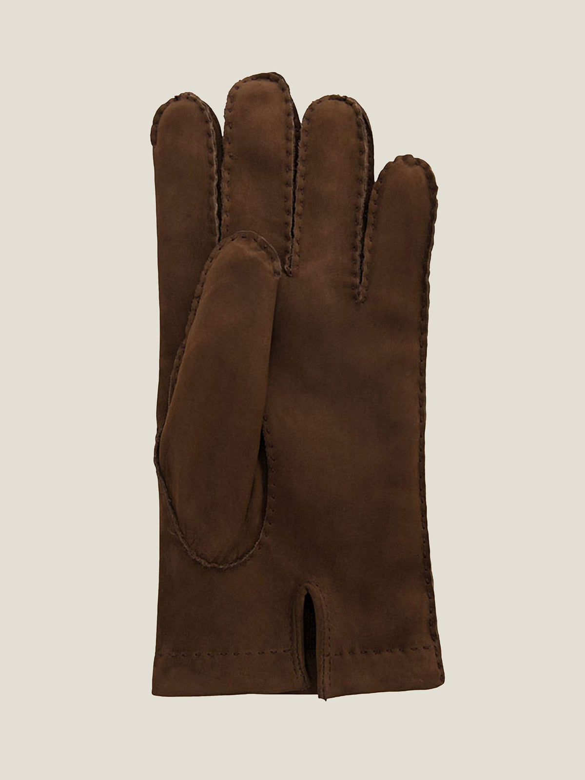Back view of Luca Faloni's Nocciola Brown Cashmere-Lined Nubuck Leather Gloves, showcasing the soft texture and stitching.