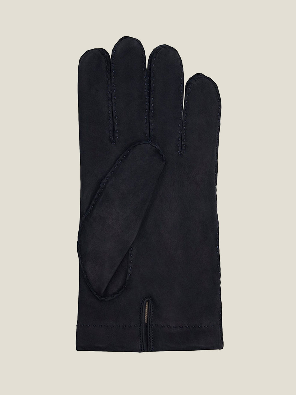 Back view of the Luca Faloni Cashmere-Leather Gloves in navy blue, showcasing the nubuck leather and detailed stitching.