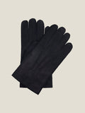 A pair of navy blue Cashmere-Lined Nubuck Leather Gloves against a neutral background, showing the stitching detail.