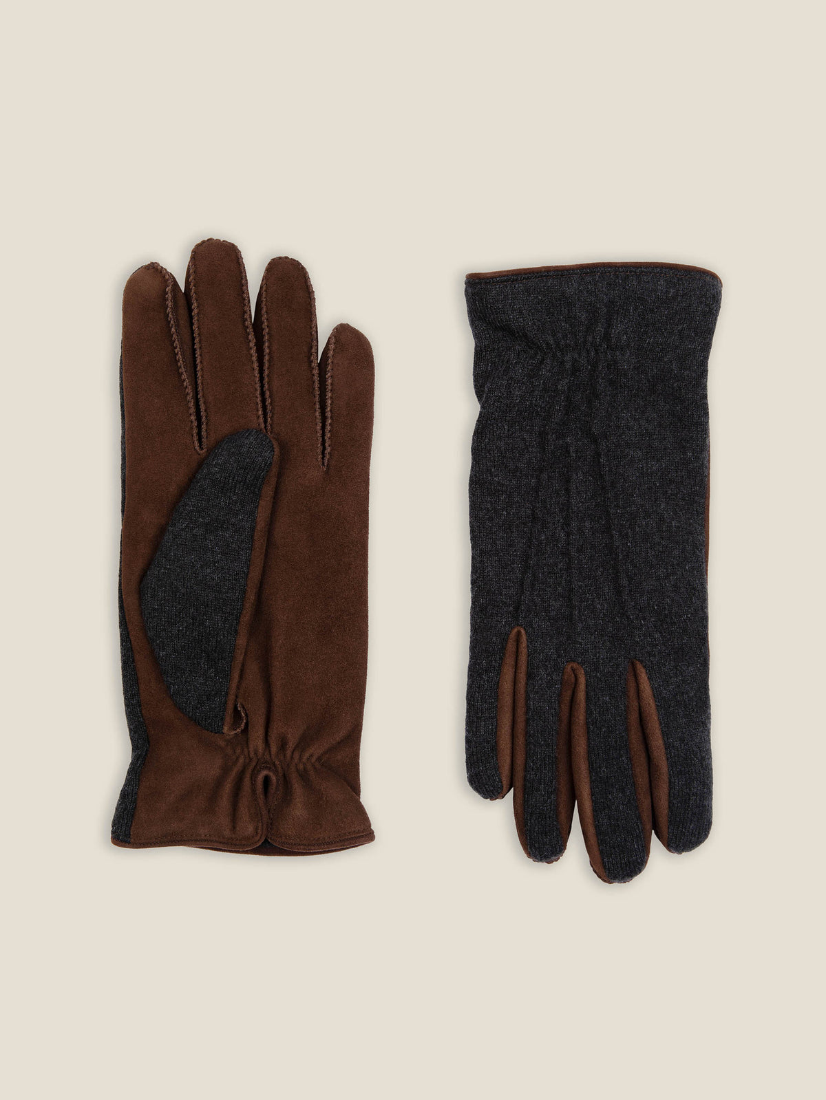 Front and back view of the Brown & Charcoal Grey Cashmere and Suede Gloves, laid flat against a neutral background.