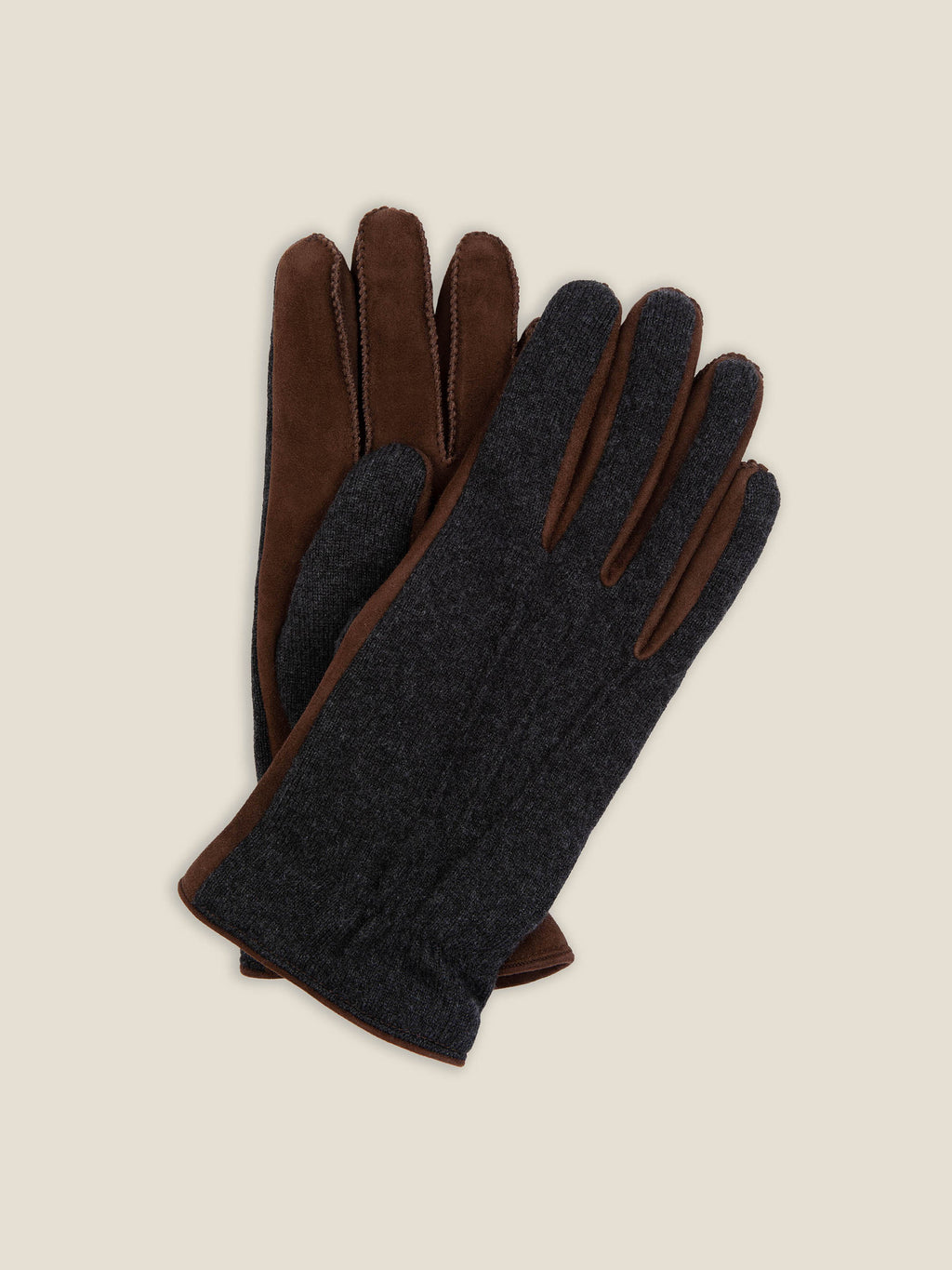 A flat lay of the Luca Faloni Cashmere and Suede Gloves in Brown and Charcoal Grey on a neutral background.