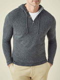 Front view of a man wearing the Stone Grey Cashmere Hoodie, featuring a three-button placket and styled over a t-shirt.