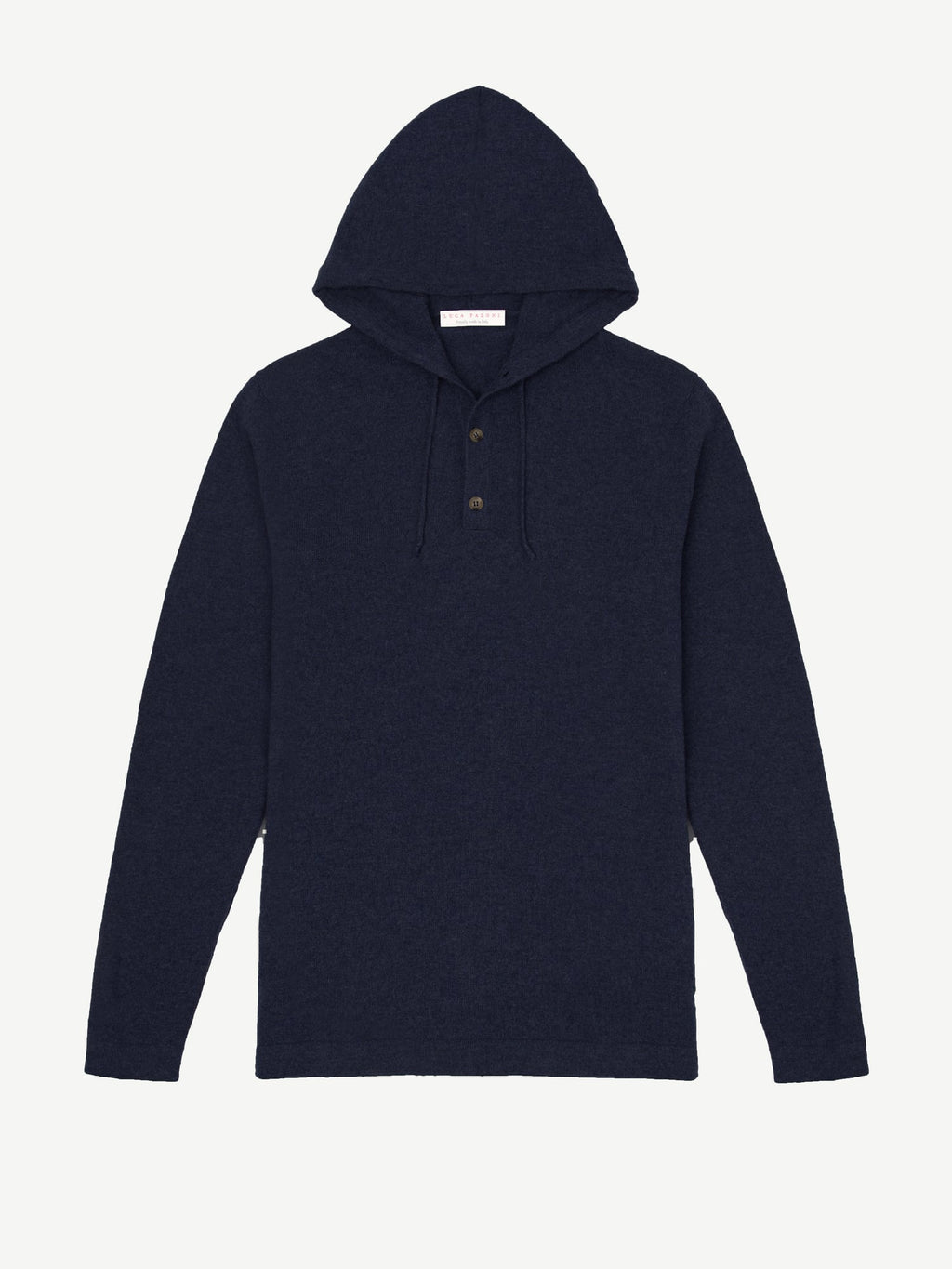 Front view of the Luca Faloni navy knitted cashmere hoodie with the hood up and buttoned placket.