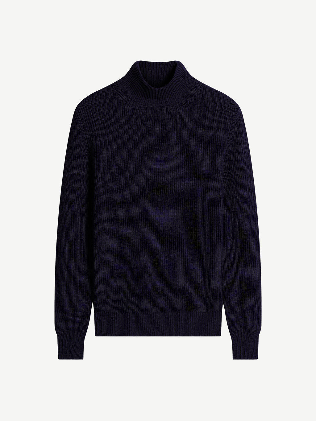 Front view of the dark navy Chunky Knit Mock Neck in four-ply cashmere.