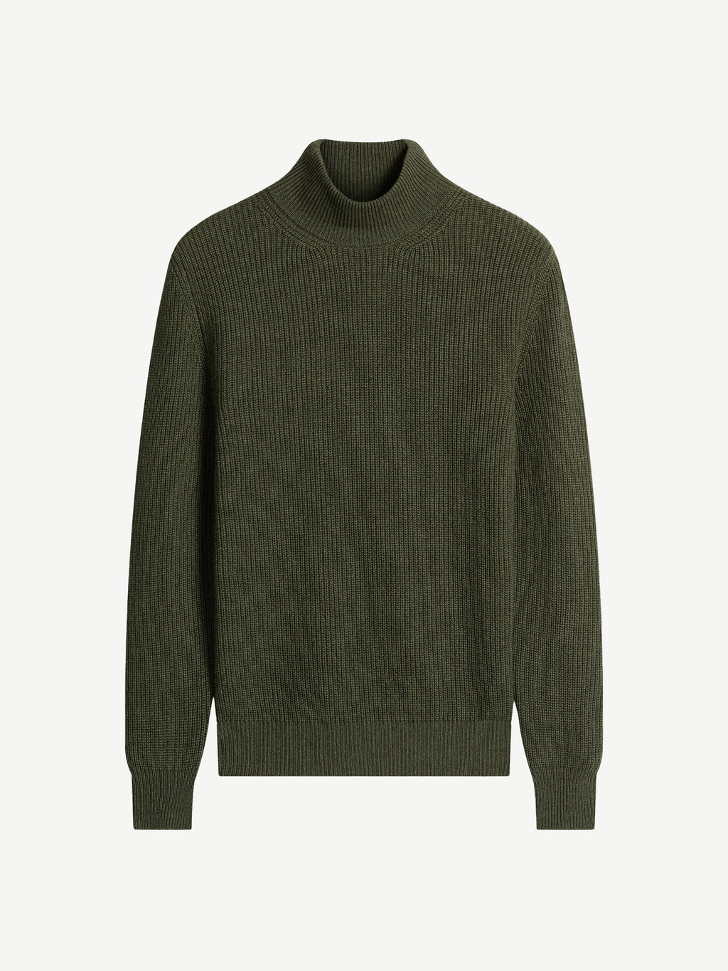 Front view of the Chunky Knit Mock Neck in dark green, showcasing the ribbed four-ply cashmere and high funnel collar.