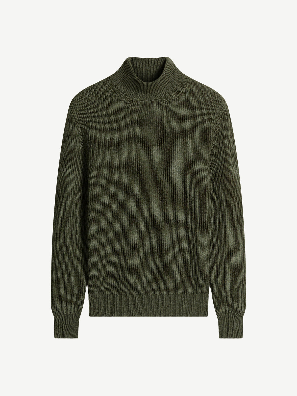 Front view of the Chunky Knit Mock Neck in dark green, showcasing the ribbed four-ply cashmere and high funnel collar.