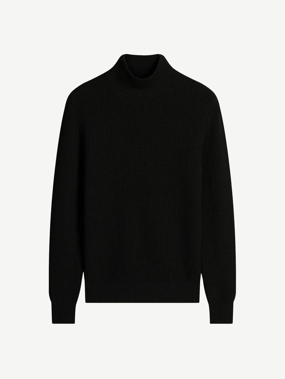 Studio shot of the Luca Faloni Chunky Knit Mock Neck in black, laid flat on a white background.