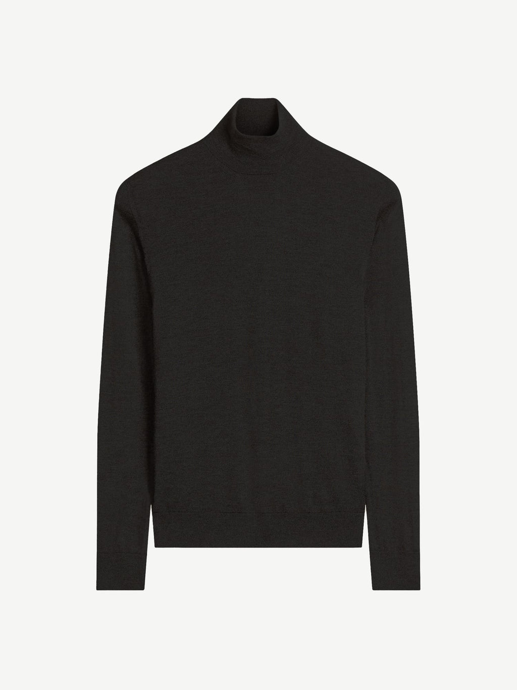 Front view of the Luca Faloni black silk-cashmere mock neck sweater laid flat.