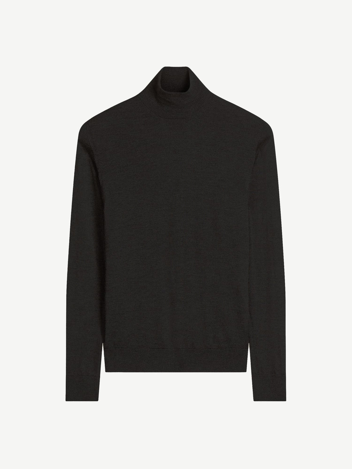Front view of the Luca Faloni black silk-cashmere mock neck sweater laid flat.