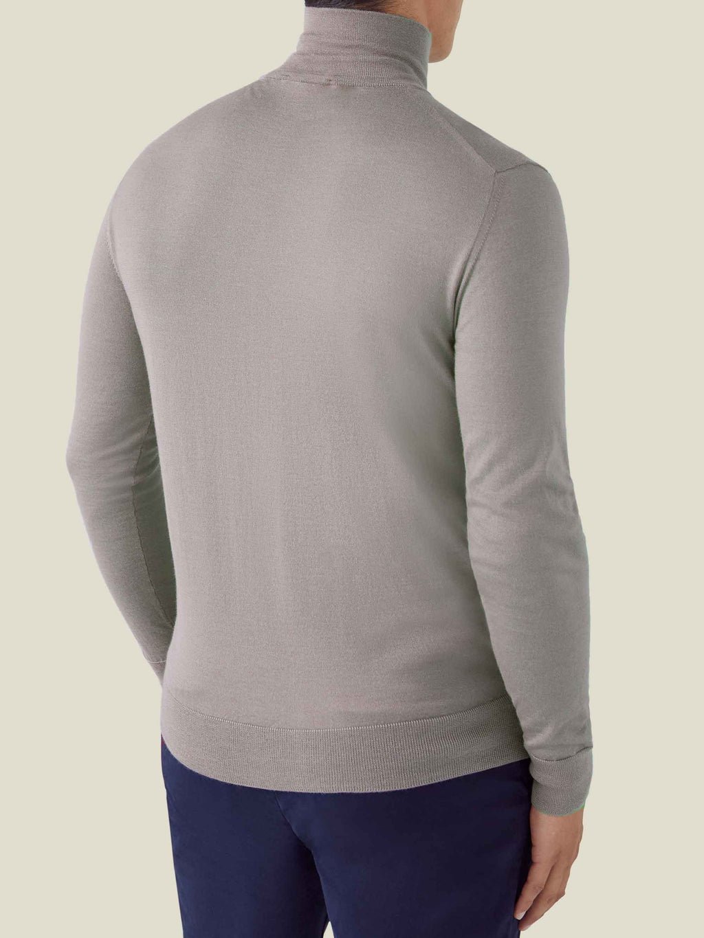 Back view of a man wearing the Luca Faloni Silk-Cashmere Mock Neck in Nocciola Brown.