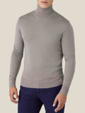 Front view of a model wearing the Luca Faloni Silk-Cashmere Mock Neck in Nocciola Brown against a plain background.