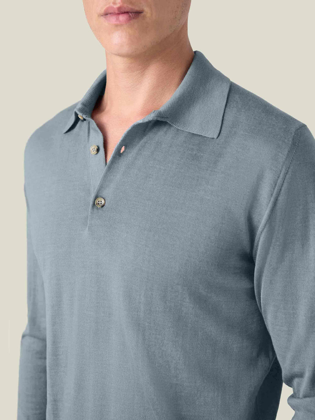 Close-up of the Luca Faloni Fine Silk Cashmere Polo in French Blue, highlighting the spread collar and fine knit texture.
