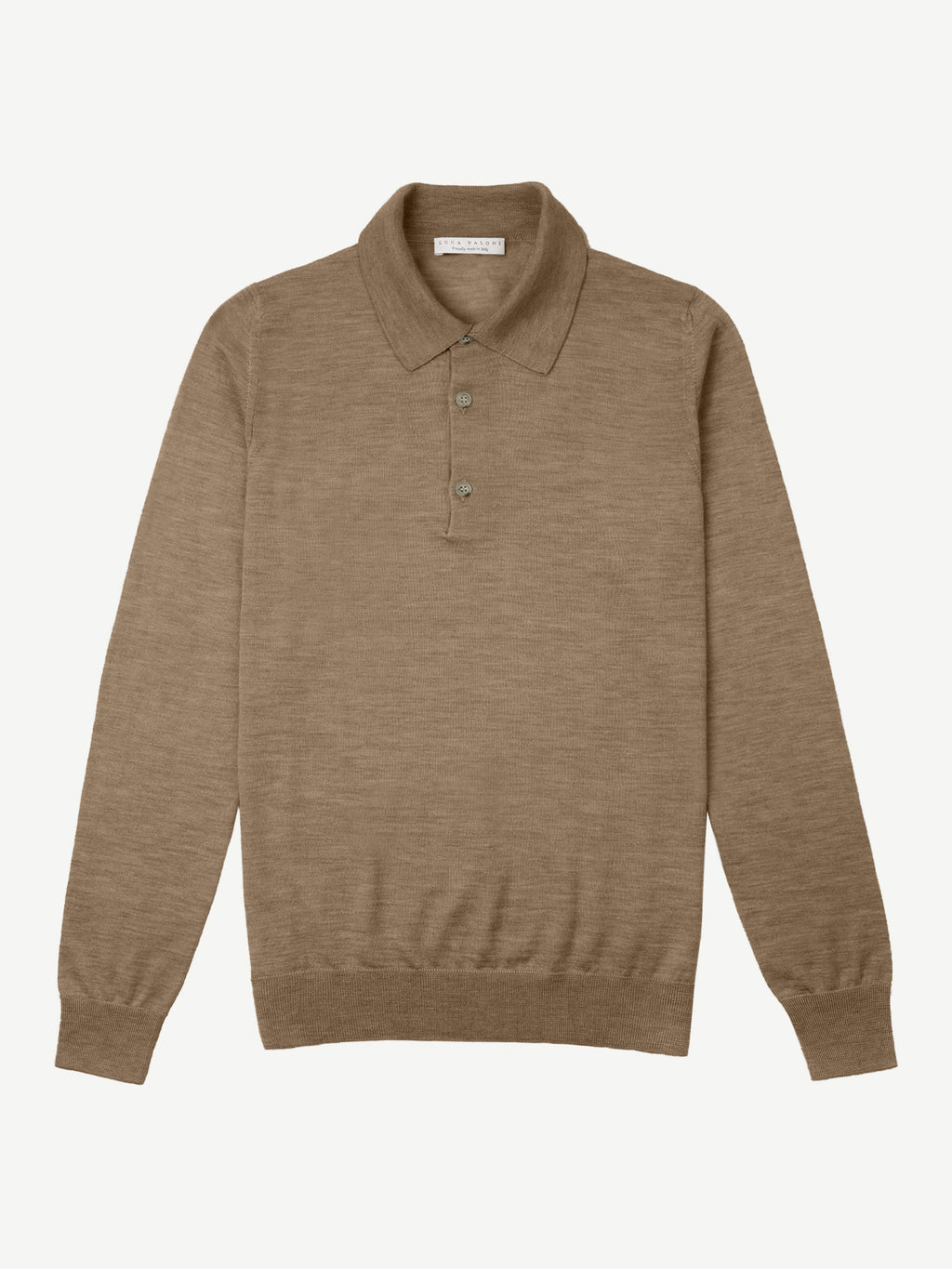 A flat-lay image of the Fine Silk Cashmere Polo in Caramel Brown, shown from the front.