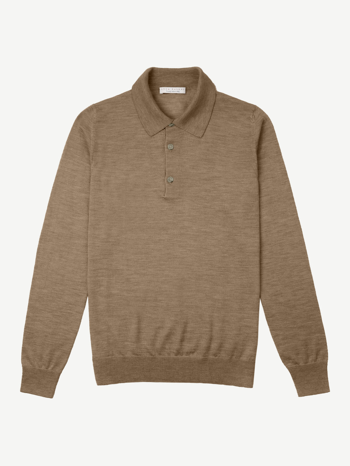 A flat-lay image of the Fine Silk Cashmere Polo in Caramel Brown, shown from the front.