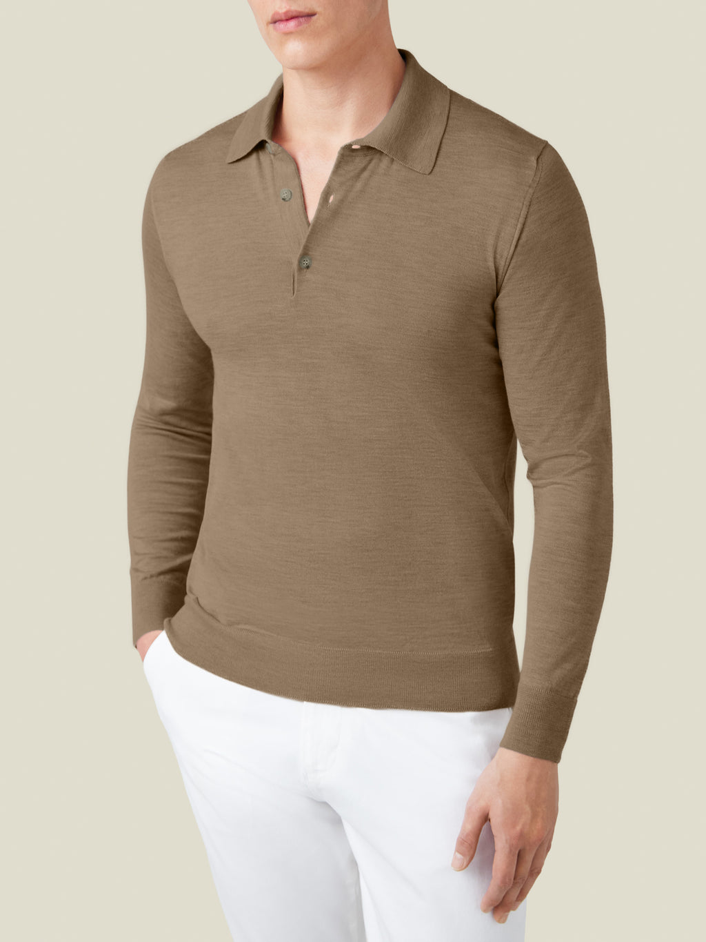 Model wears the Fine Silk Cashmere Polo in Caramel Brown. Front view.