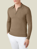 Model wears the Fine Silk Cashmere Polo in Caramel Brown. Front view.