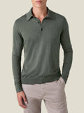 Front view of a model wearing Luca Faloni's Fine Silk Cashmere Polo in Moss Green against a plain background.