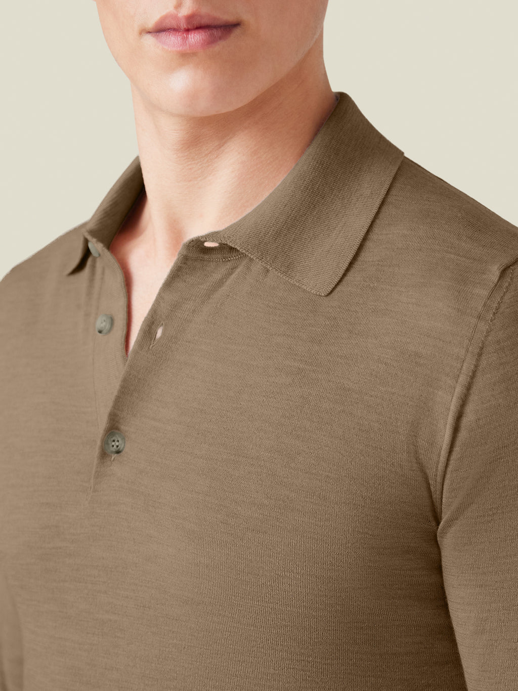 Close-up of the Caramel Brown Fine Silk Cashmere Polo, showing the collar and button placket details.