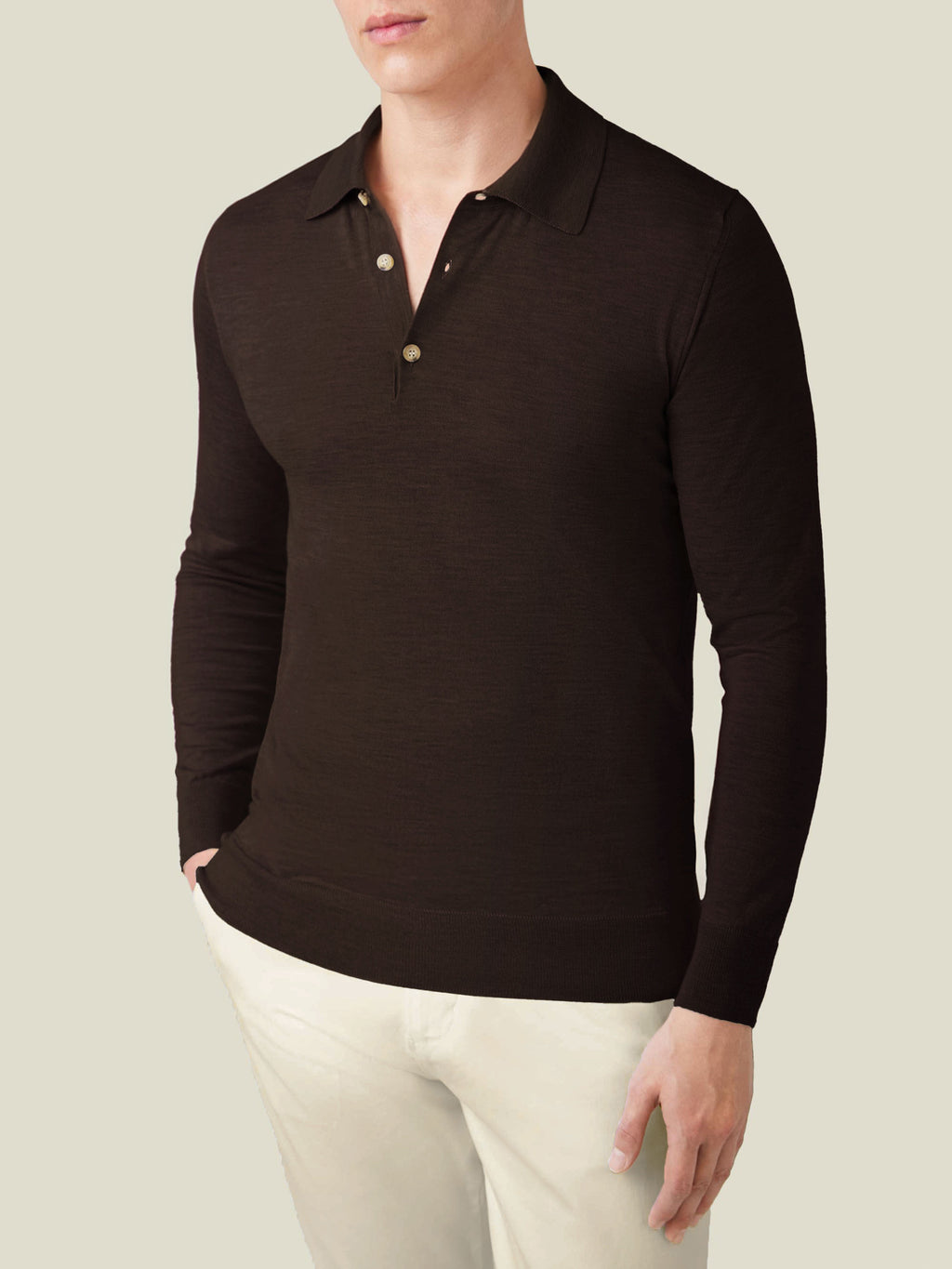 A front view of a model wearing the Fine Silk Cashmere Polo in Chocolate Brown, showcasing its refined fit and classic style.