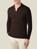 A front view of a model wearing the Fine Silk Cashmere Polo in Chocolate Brown, showcasing its refined fit and classic style.