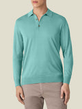 Front view of a model wearing the Luca Faloni Fine Silk Cashmere Polo in aquamarine.