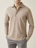 Front view of a model wearing the long-sleeved Brera Piqué Polo Shirt in Oatmeal.