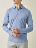 Front view of a model wearing the Luca Faloni Amalfi Silk-Cotton Polo Shirt in light blue.