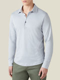 Front view of a model wearing the Luca Faloni Amalfi Silk-Cotton Polo Shirt in Light Grey.