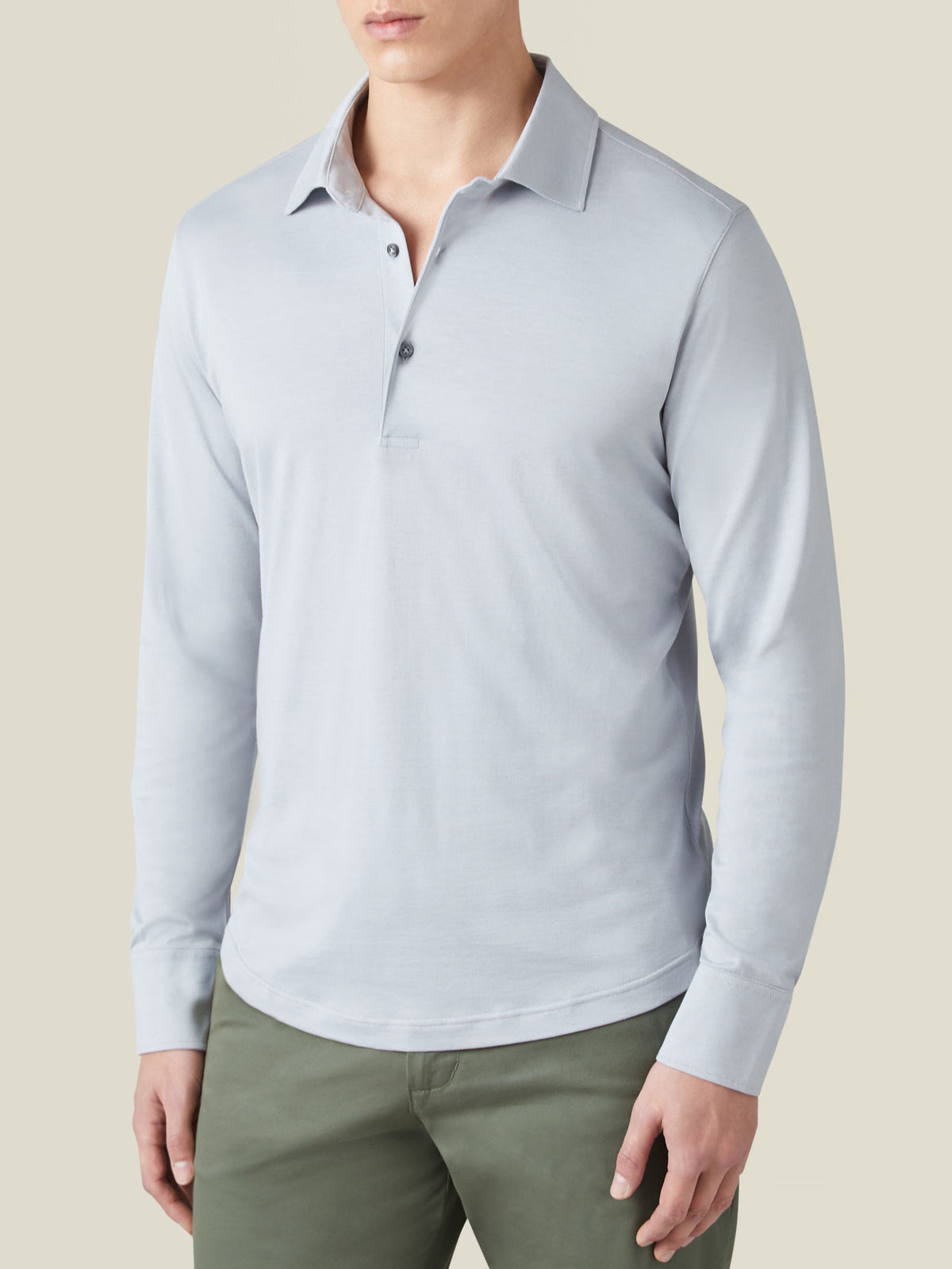 Front view of a model wearing the Luca Faloni Amalfi Silk-Cotton Polo Shirt in Light Grey.