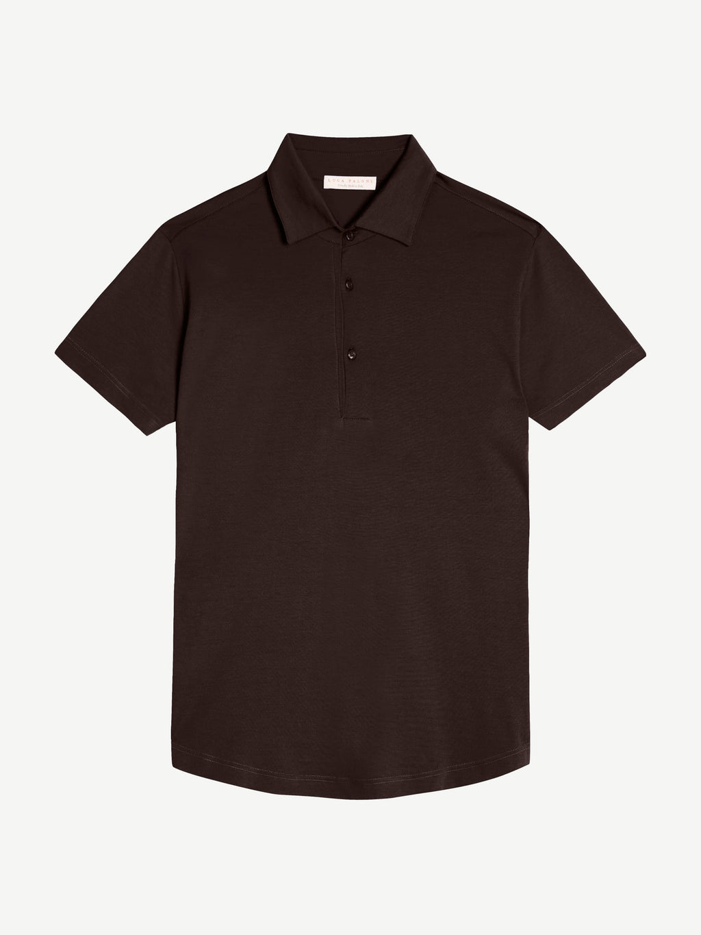 Front view of the Luca Faloni Short-sleeved Silk Cotton Polo in dark brown, laid flat on a plain background.